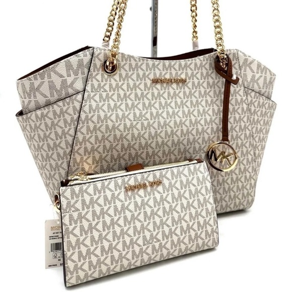 Michael Kors Large Jet Set Travel Chain Shoulder Bag & Double Zip Wallet Vanilla - Picture 3 of 15